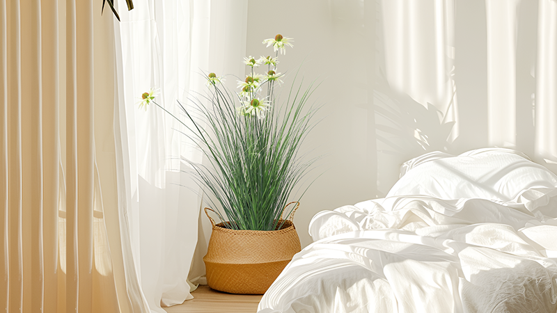 Minimalist bedroom White flowers in a woven basket, minimalist bedroom decor, plant