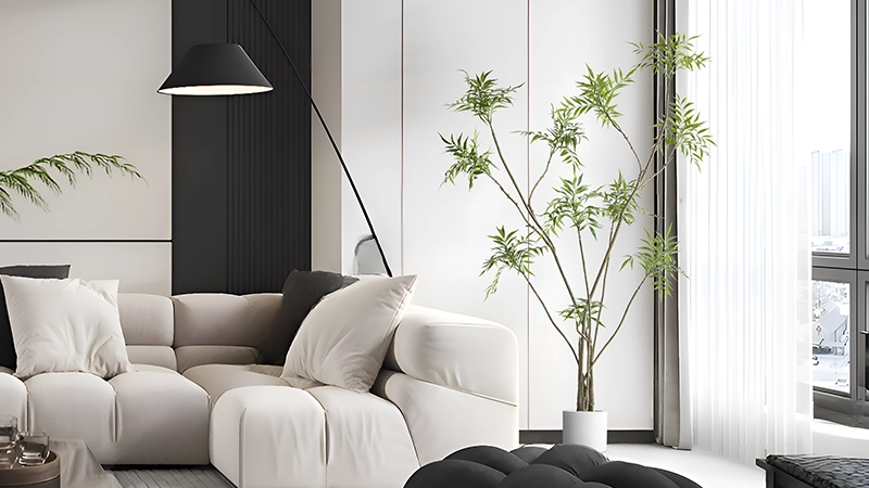 Artificial bamboo plant in a modern living room, elegant decor setup