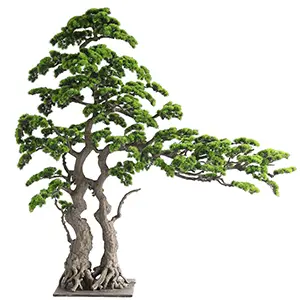Large artificial bonsai tree with a twisted trunk and dense green foliage.
