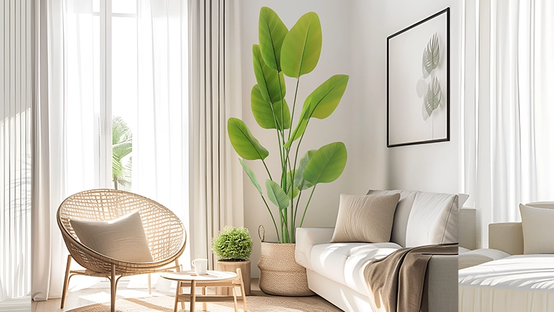 Artificial banana plant decor Artificial banana plant in a woven basket, enhancing a bright and cozy living room.