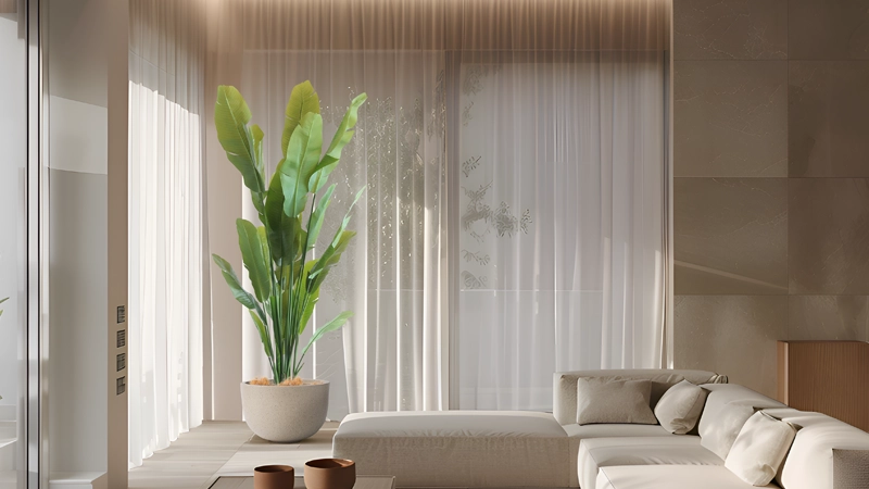 Artificial banana tree decor Artificial banana tree in a modern living room with natural light and elegant decor.