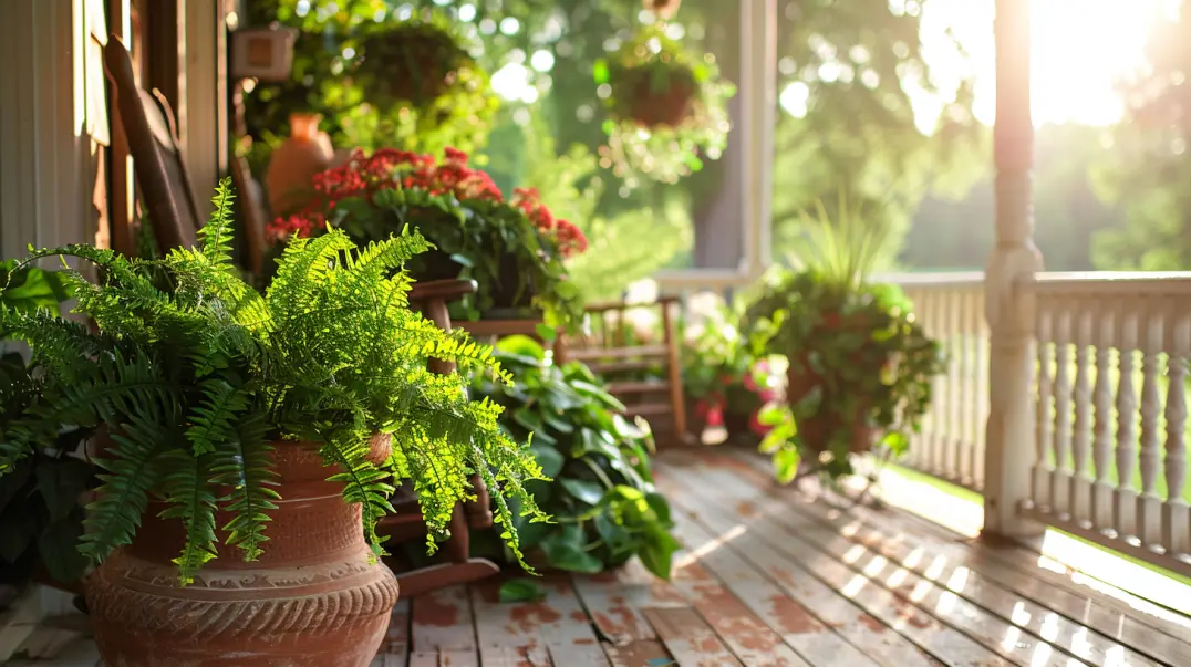 Artificial fern plant in terracotta pot, decorative patio setup