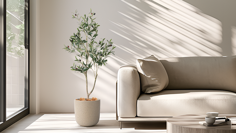 Artificial olive tree Artificial olive tree with sunlight in cozy living room, modern interior decor