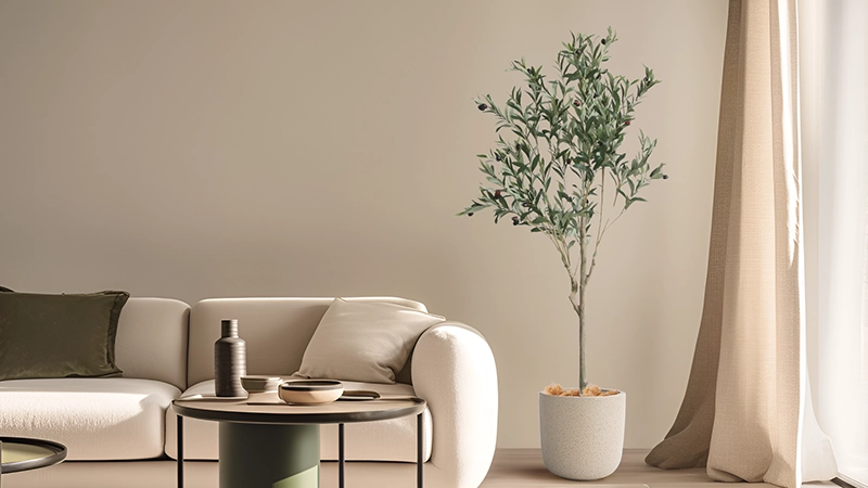 Artificial olive tree Artificial olive tree in minimalist living room, modern decor idea