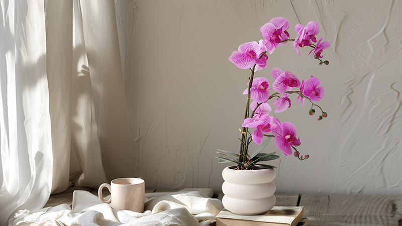 Artificial pink orchid Artificial pink orchid in elegant ceramic pot, perfect for home decor by ACP.