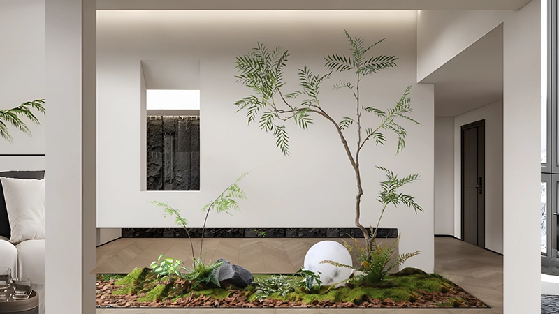 Artificial tree arrangement Artificial tree arrangement with moss, rocks, and modern decor in a minimalist interior.