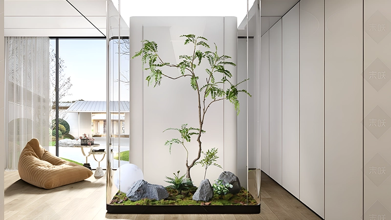 Artificial tree decoration Indoor artificial tree display with decorative rocks, ideal for modern interiors.