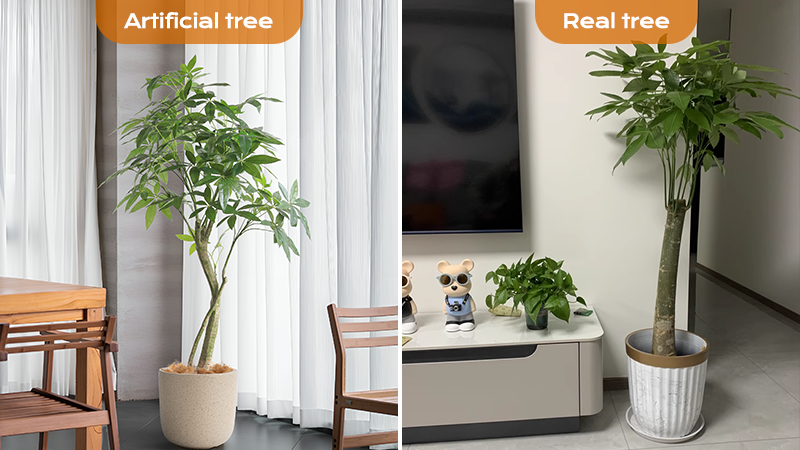 Artificial tree comparison with real tree, showcasing lifelike design and premium quality by ACP.