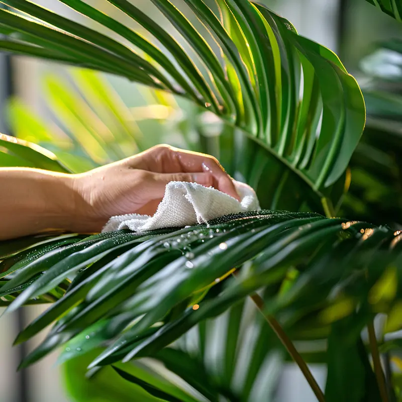 Cleaning Plant Leaves Hand wiping dust off green palm leaves with a cloth.
