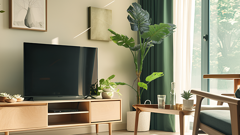Cozy living room Living room with a TV, plant, and sofa