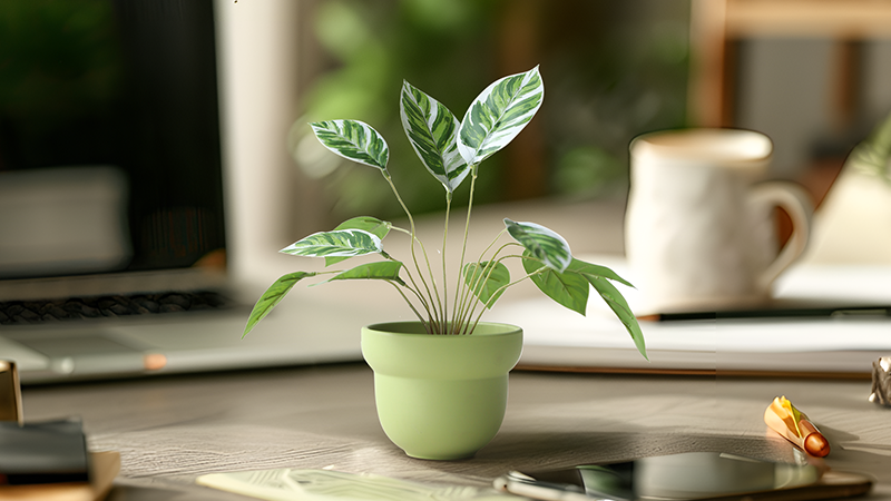 Artificial green-leaf plant in a small pastel pot, perfect for office desks or home decor.