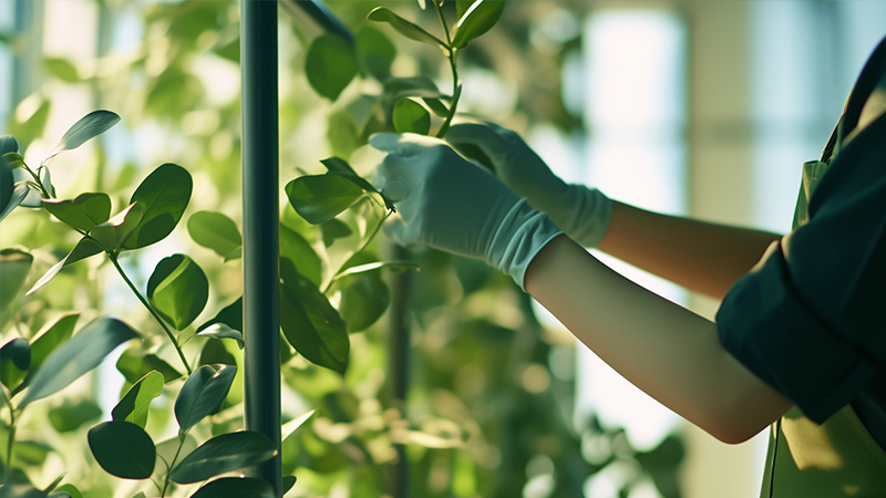 Gardener tending to potted plants, indoor gardening, plant care