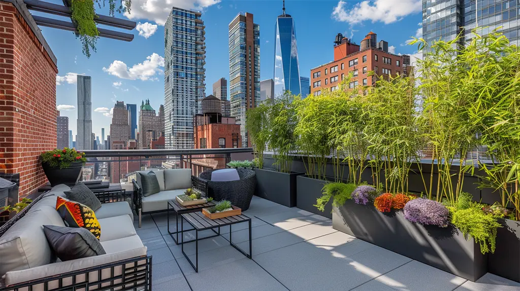 Stylish rooftop decor Artificial bamboo and colorful plants