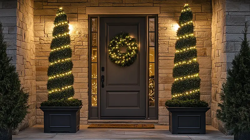 Spiral topiary display Artificial spiral trees with lights, festive front door decor