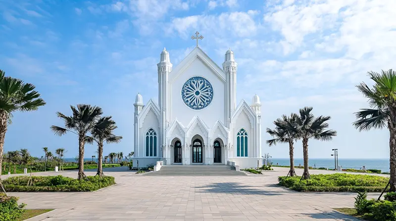 White Church Architecture white church surrounded by palm trees under blue sky, peaceful scene