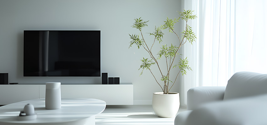 Artificial minimalist tree in a modern white living room, placed in a round ceramic pot.