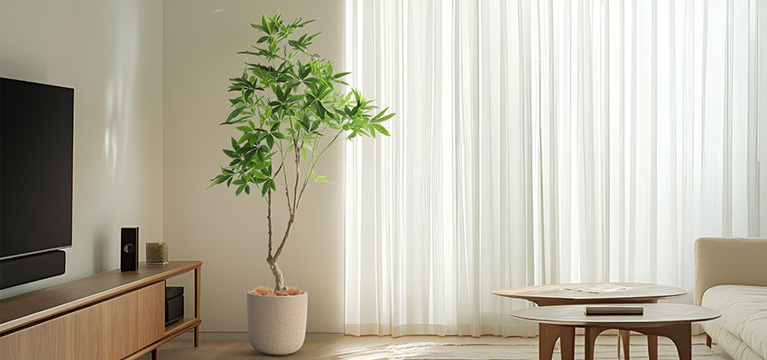 Artificial Money Tree Artificial money tree in a stylish living room, placed in a textured beige pot near natural light.