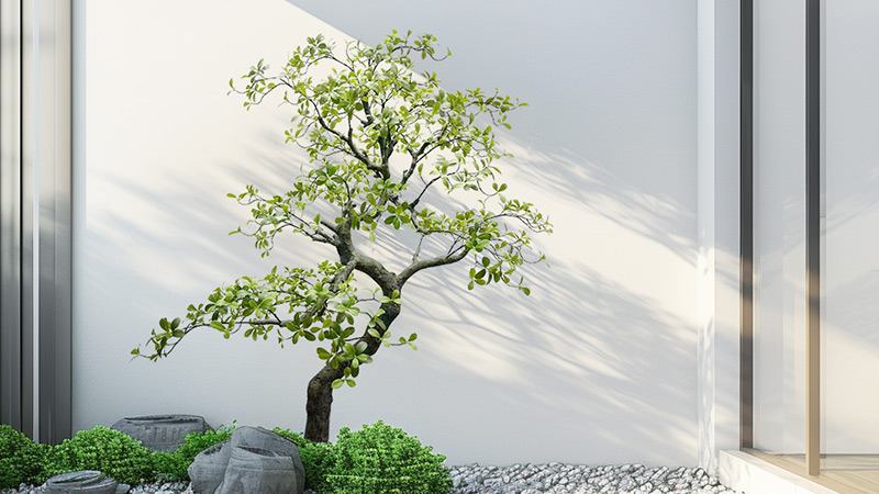 Artificial bonsai tree Minimalist artificial tree design, indoor artificial bonsai with rocks and green accents