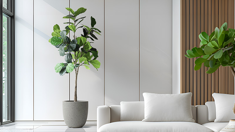 Artificial fiddle leaf fig tree Tall artificial fiddle leaf fig tree in modern gray planter, ideal for stylish interior design