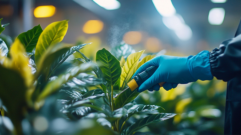 Artificial plant production Spraying artificial plants, close-up of gloved hand spraying leaves in factory, enhancing product quality