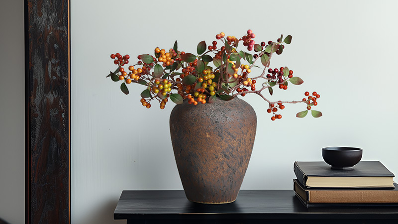 Autumn Floral Arrangement Autumn berries in a ceramic vase on a table