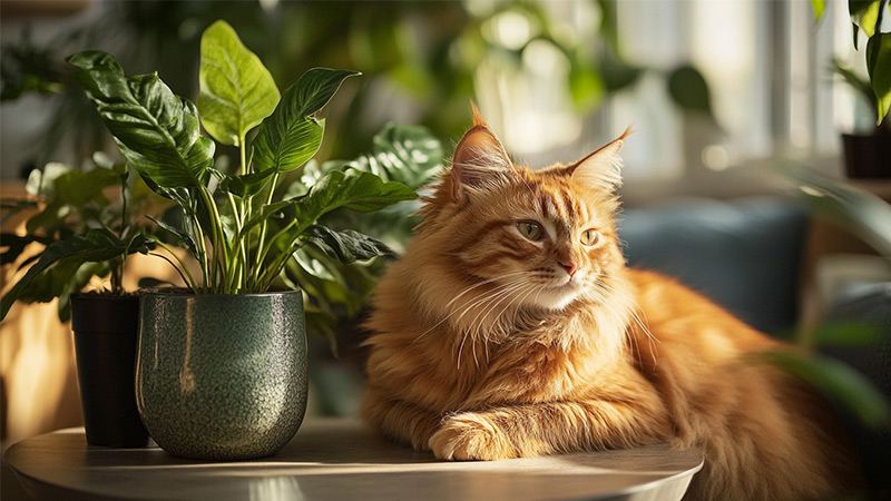 Cute Cat and Plants Orange tabby cat sitting next to potted plants