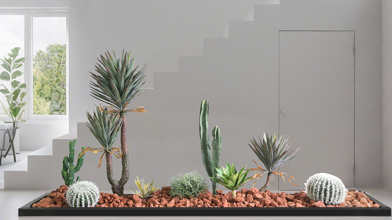 Artificial desert-themed plant arrangement with cacti and succulents in an indoor setting
