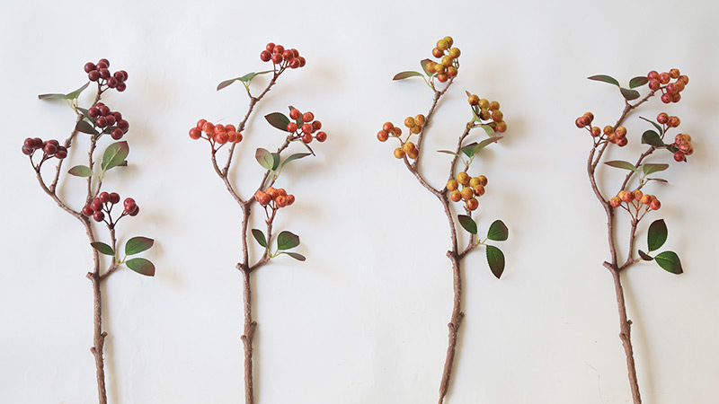 colorful berry stems four branches of red, orange, and yellow berries with green leaves