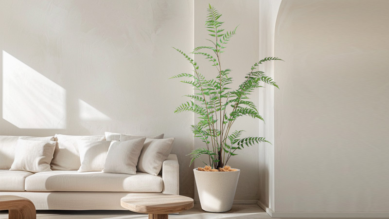 Scandinavian interior design Tall fern plant in a Scandinavian-style living room