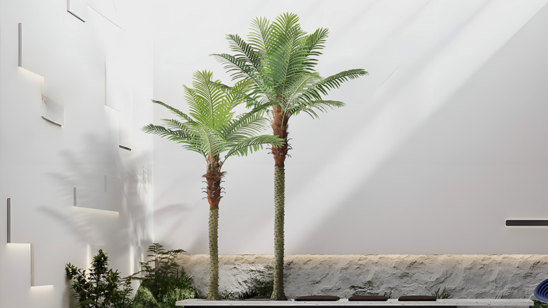 two artificial palm trees in a modern minimalist interior