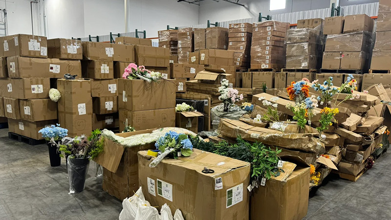 warehouse flowers artificial flowers in a warehouse, boxes