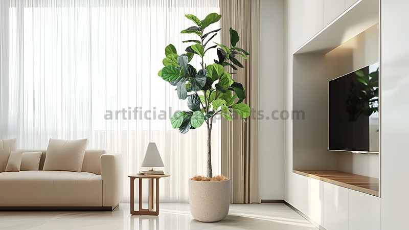 artificial fiddle leaf fig tree in a modern living room