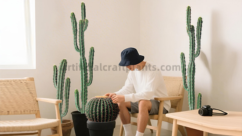 Person arranging artificial cacti in a bright room