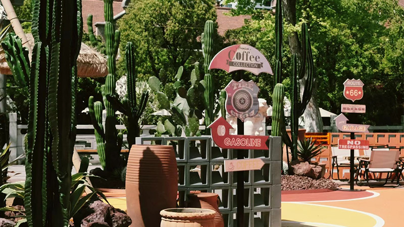Person arranging artificial cacti in a bright room