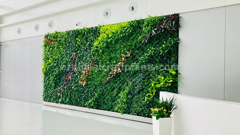 Large artificial green wall with various plants