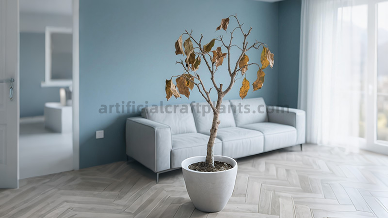Dead plant in modern living room with grey sofa