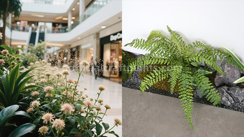 Mall planter with small flowers and an artificial fern arrangement