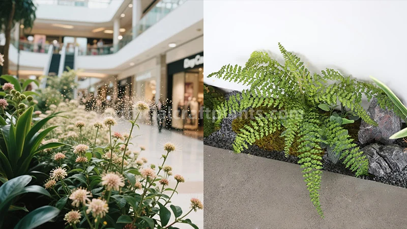 Mall Plant Decor Mall planter with small flowers and an artificial fern arrangement