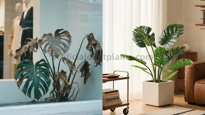 Comparison of real dead and artificial monstera plants