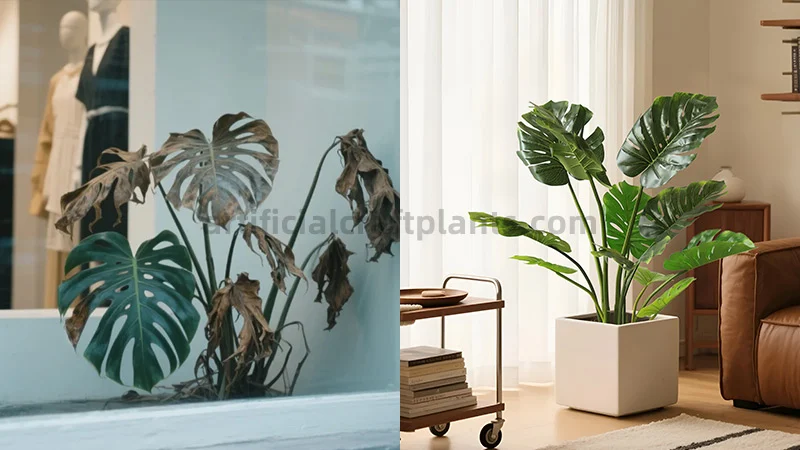 Monstera Plant Contrast Comparison of real dead and artificial monstera plants