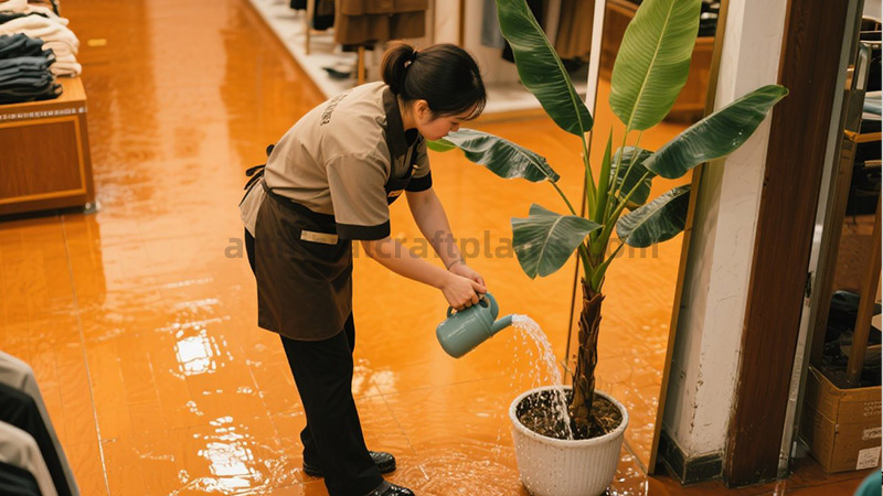 Person watering a large potted plant on a flooded floor