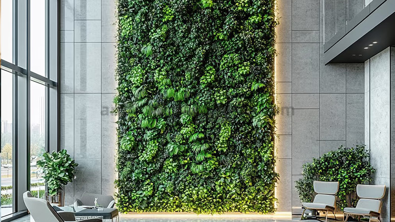 Lush artificial vertical garden in a modern lobby