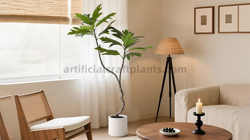 Artificial Breadfruit Tree A tall artificial breadfruit tree in a white planter in a cozy living room.