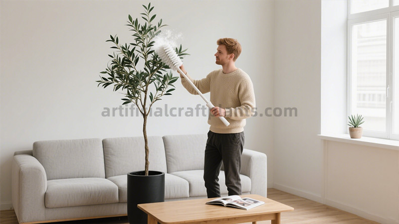 Artificial Breadfruit Tree A tall artificial breadfruit tree in a white planter, next to a modern sofa.
