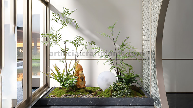 A modern indoor planter with artificial ferns, bamboo, moss, and a squirrel statue.