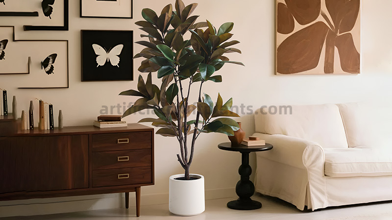 Artificial Rubber Tree A large, artificial rubber tree in a white planter, next to a mid-century modern cabinet.