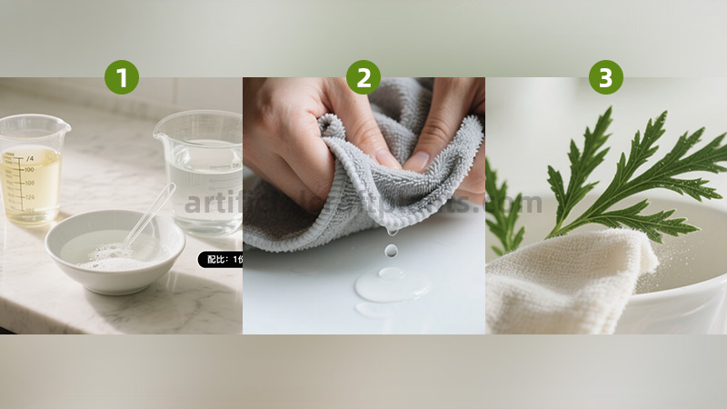 Cleaning Artificial Plants Three steps to clean artificial plants: mixing solution, wiping leaves, rinsing.