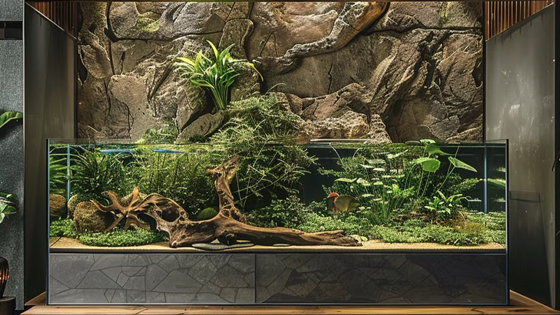 Natural Aquascape Design A large naturalistic aquascape with lush plants, driftwood, and a stone background.