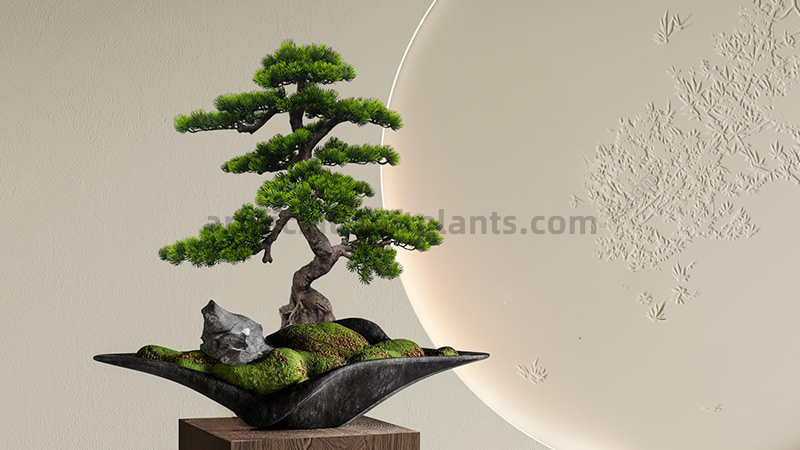 Artificial Bonsai Tree Artificial bonsai tree with a twisted trunk and green foliage in a modern planter.
