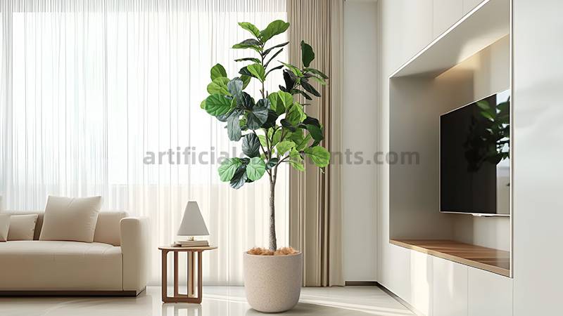 Tall artificial fiddle leaf fig tree in a bright, modern living room